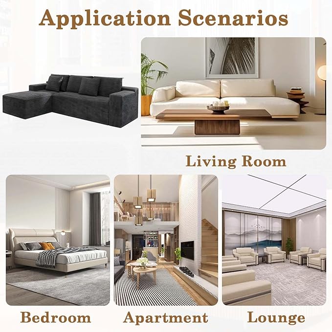 104 Black Boneless Couch with Chaise Sectional Couches for Living Room L Shaped Couch 4 Seat SofaCompression Sofa for Bedroom Comfy No Assembly Corduroy (Grey Right)
