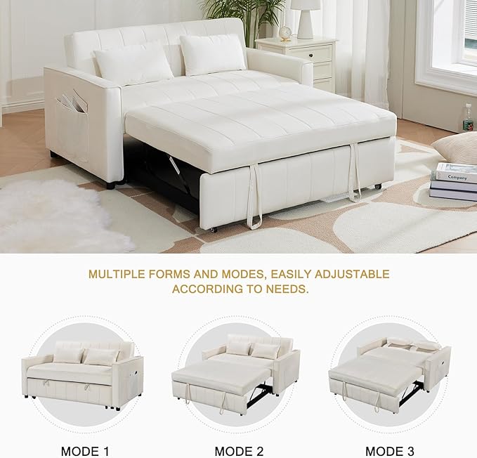 55.51 Small Loveseat Sleeper Sofa Bed Velvet Pull Out Couch Bed with Adjustable Backrest and Side Pockets for Living Room Bedroom Apartment (Beige)