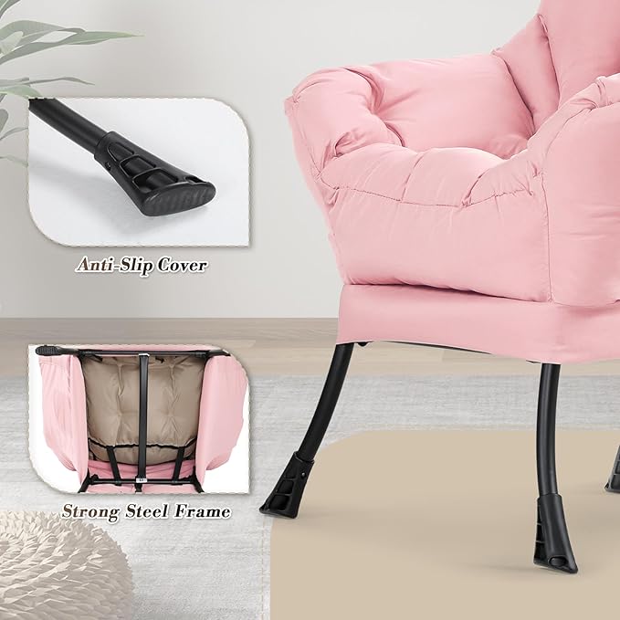 Athena Collection Lazy Lounge Chair with Ottoman Modern Soft Reading Arm Chair for Adults Comfy Sofa Armchair with Footrest and Side Pocket for Corner Living Room Bedroom Small Space Pink