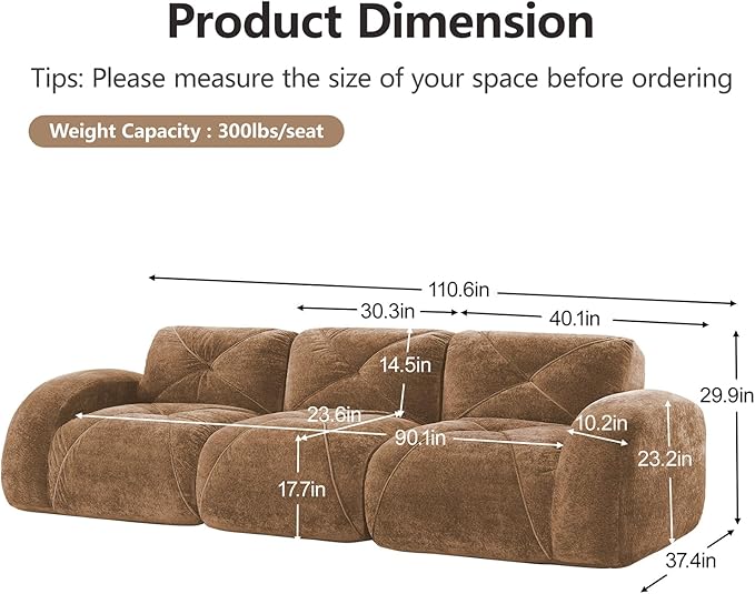 110.6'' Modular Sectional Couches for Living Room Modern Velvet Cozy Boneless Sofa No Assembly Required Comfy Couch Camel Cloud Boneless Couch in a Box Sofas para Sala