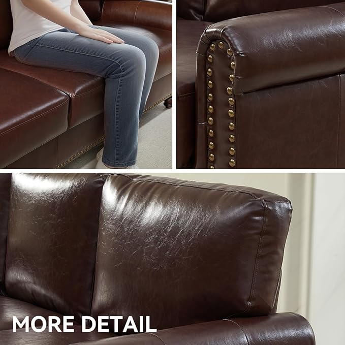 80 Faux Leather Sofa with Storage Mid-Century Modern Rolled Arm Couches for Living Room Furniture Nailhead Trim Easy Tool-Free Assembly Dark Brown
