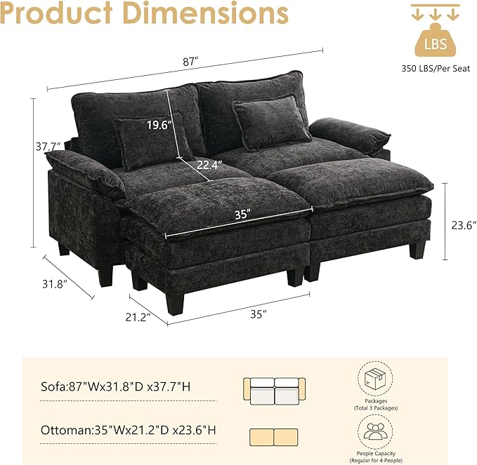 URRED Cloud Couch Modular Sectional Sofa 87 Modern Loveseat Sofa with 2 Ottomans &amp Pillows Ultra Comfy Chenille Couches for Living Room Bedroom or Apartment Black