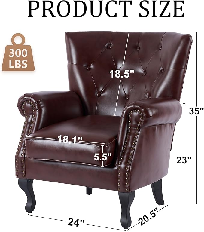 Modern Accent Chair Set of 2 Mid-Century PU Leather Armchair with Solid Wood Legs Single Sofa Chair for Living Room Bedroom Leisure Room or Reading Room(Reddish Brown)