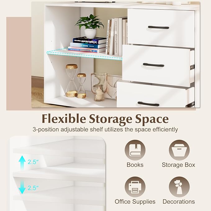 Giantex 55 Inch L-Shaped Desk with Charging Station Reversible Computer Desk with 3 Drawers Adjustable Shelf Large Computer Workstation Corner Desk for Small Spaces Home Office (White)