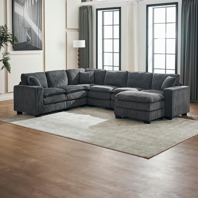 Modern U Shaped 6-seat Sectional Sofa Couch with one Ottoman and Three toss PillowsModular Sofa for Living RoomCorduroy Sofa (GreyCorduroy-7 Seat)