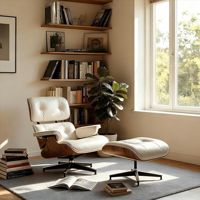 Mid Century Chaise Lounge Chair and Ottoman Reading Chair Leather Accent Chair Modern Chair Classic Design Heavy Duty Base Support for Living Room (Walnut-White Upgraded)