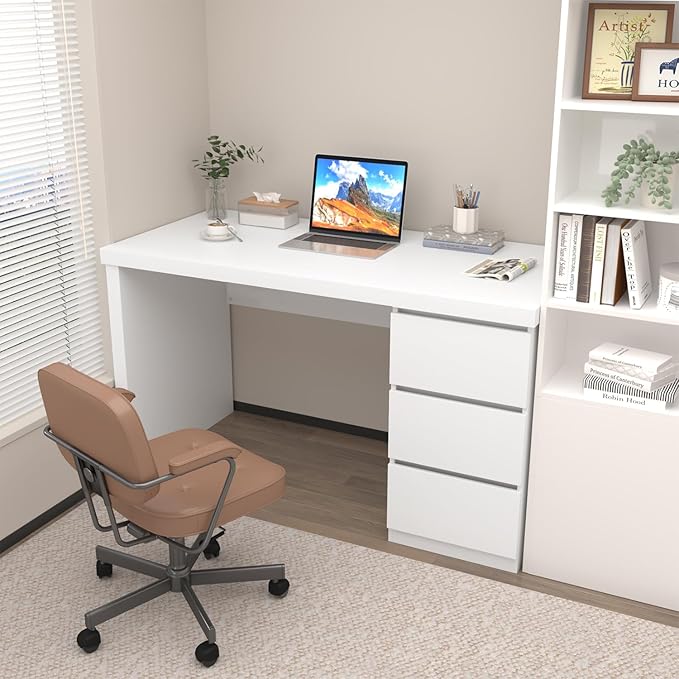 Desk with Drawers White Computer Desk with 3 Drawer Small Space Writing Desk with Drawers for Home Office Modern Simple Design 47 Inch