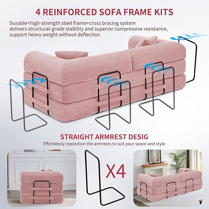 Convertible Sleeper Sofa Bed 1600lbs Weight Capacity Floor Sofa Bed with Fixed-Shape Frame Corduroy Foldable Couch for Small Space Lounge Mattress for Living Room Apartment Game Room (Pink)