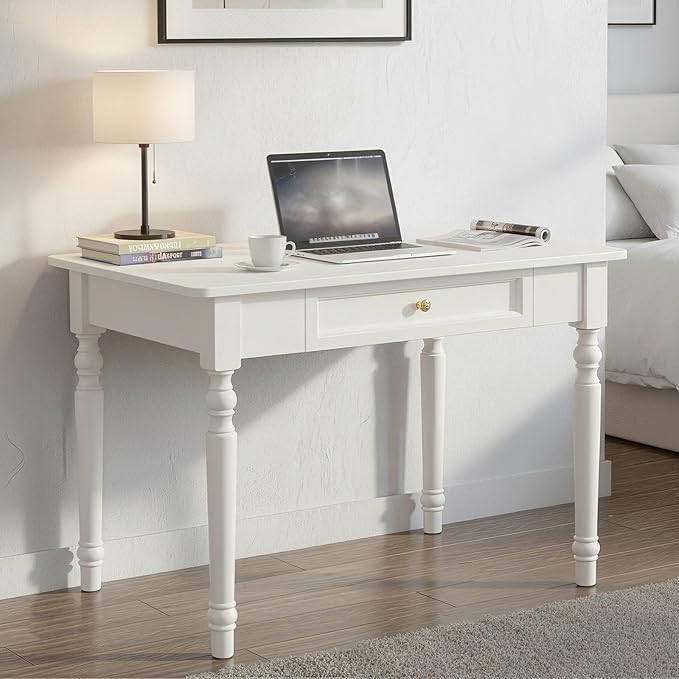 31-inch Solid Wood Desk: A Space-Saving Choice for Small Apartments | Elegant White French Country Style Computer Desk &amp Bedroom Dressing Table | Sturdy Durable and Wobble-Free Workbench