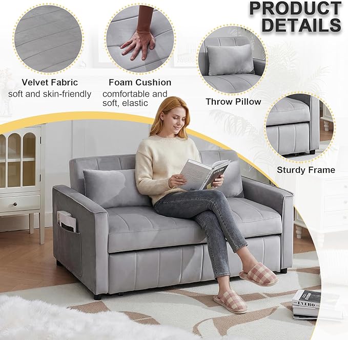 Kiztir Futon Sofa Bed 55.5 Small Loveseat Sleeper Sofa Comfy Velvet Pull Out Couch Bed with 3 Levels Adjustable Backrest and Side Pockets for Living Room Bedroom Apartment Small Spaces (A-Grey) |