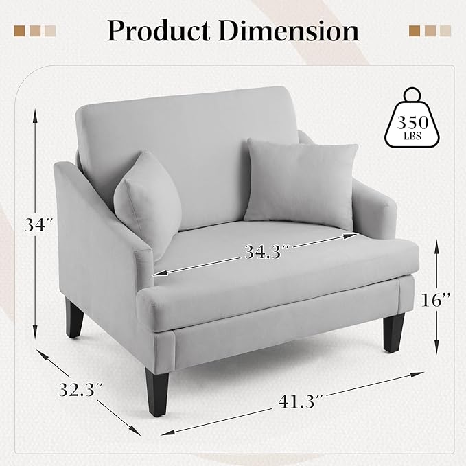 Bezseller 41 Oversized Accent Chair Comfy Living Room Chair with 2 Pillows Upholstered Mid Century Modern Armchair with Deep Seat Reading Chair for Bedroom Apartment Office Light Grey