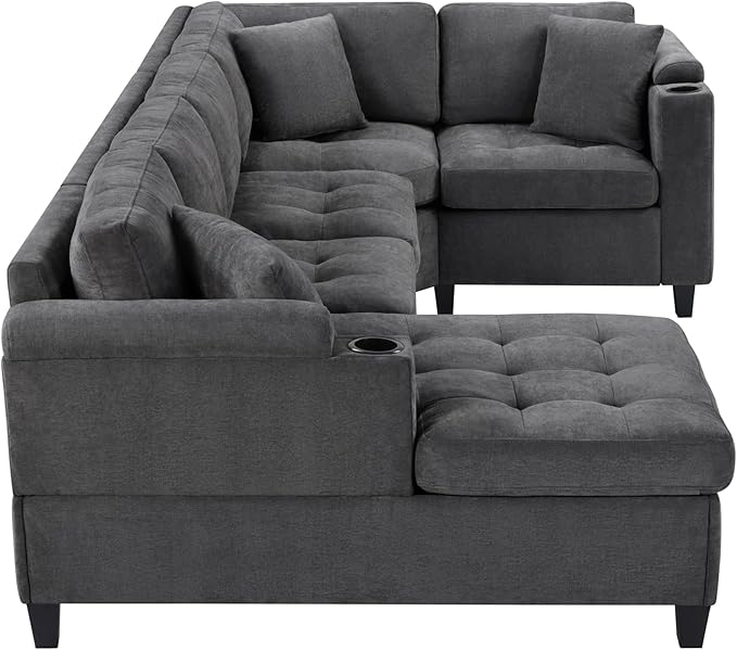 Modern U-Shaped Sectional Sofa 115.7 Corner Sectional Living Room Couch Oversized Sectional with Built-in Cup Holders Storage Space and USB Ports for Living Room (Grey-X22)