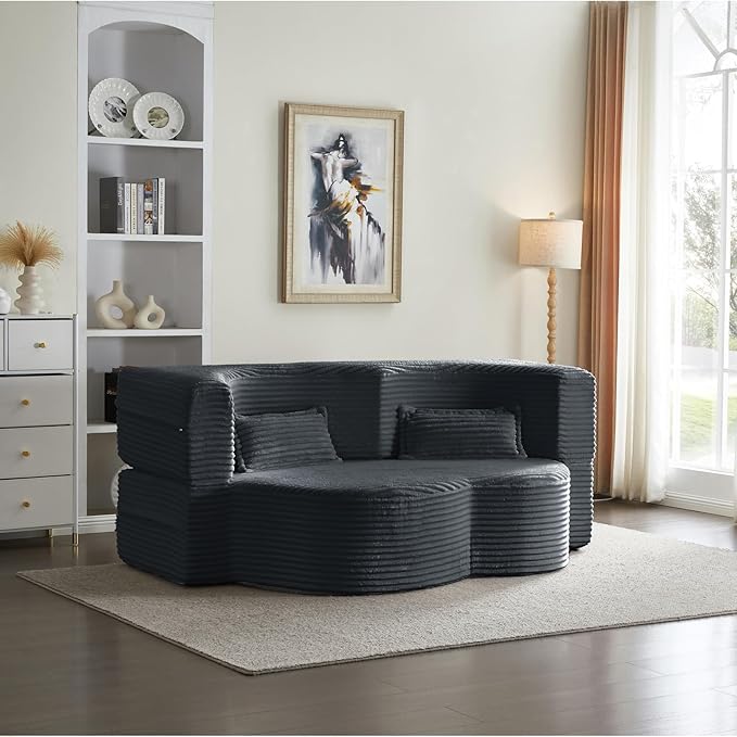 2 in 1 Convertible Folding Sofa Bed Plush Corduroy Lazy Lounge Sofabed Foam Folding Floor Sofa Bed 78 Full Size Memory Foam Couch for Living Room Guestroom No Assembly Sofabed (Dark Grey)