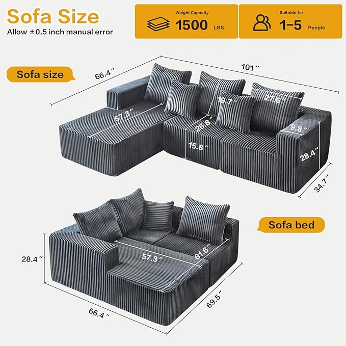 Boneless Couch 101 Cloud Sectional Sofa with L Shaped Chaise Deep Seat Sofa in a Box with 3 Modular Sections Modern Corduroy Comfy Couch for Living Room Grey