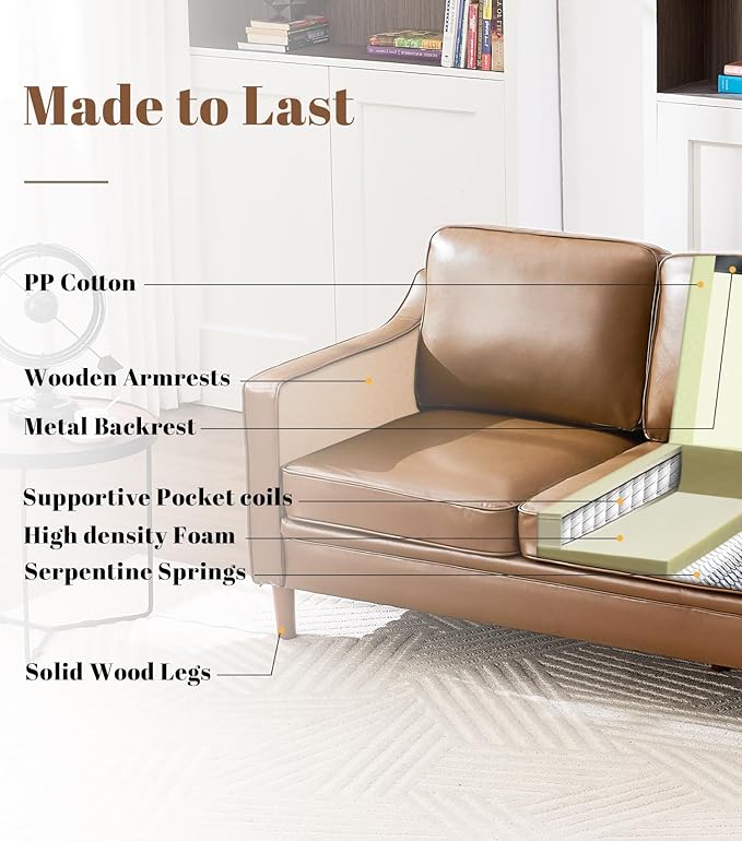Kingfun Living Room Furniture Sets 3 Seater Couch and Loveseat Mid Century Modern Sofa Set Faux Leather Couch with Solid Wood Frame for Living Room &amp Bedroom Brown