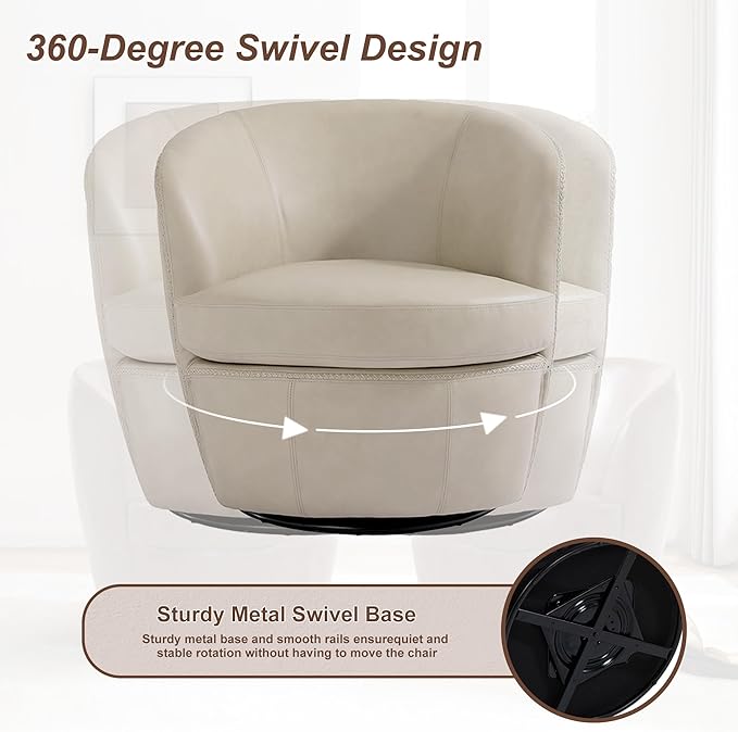 Swivel Barrel Chair Modern Round PU Leather Accent Armchair for Living Room Bedroom Comfy Club Reading Chairs for Adults (Leather Beige Set of 1)