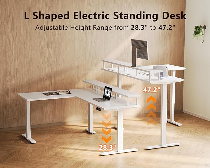AODK Electric L-Shaped Standing Desk 59 Inch Height Adjustable Office Desk with Monitor Stand Sit-Stand Desk with Power Outlets Large Lift Table for Home Office Workstation White
