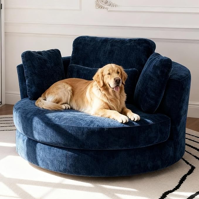 Aoiy &amp Wifon 50'' W Oversized Swivel Barrel Chair Navy Swivel Accent Chair for Living Room Round Oversized Arm Chair with 4 Pillows Deep Seat &amp Extra Wide Chenille