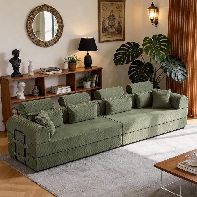 KEIKI 106 4Seat Modular Sectional Corduroy Sofa Couch for Zen Space Small Space Family Friendly Homeowners Warm Inviting Comfy Supportive Rest Space Elegant Premium Design Grayish Green