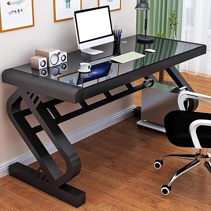 Tempered Glass Computer DeskModern Home Office Desk with Z-Shaped Metal LegsSturdy Writing Table for Home Office Dorm(Black)
