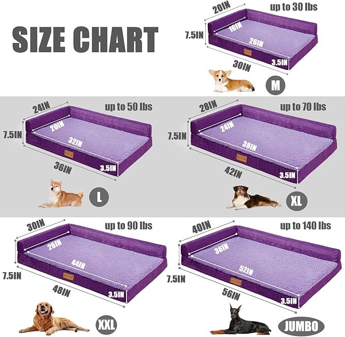 Patas Lague Orthopedic XL Dog Bed Large Sized Dog 42''X28'' Waterproof L Bolster Big Pet Sofa Beds with Removable Washable Cover Soft Comfortable Pet Couch Crate Mat with Nonskid Bottom Purple
