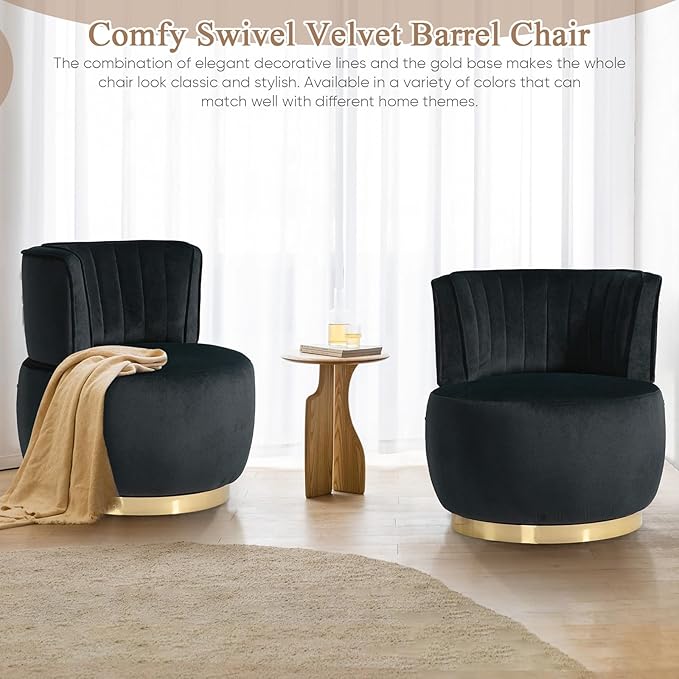 Velvet Swivel Barrel Chair Modern Upholstered Accent Chair 360° Swivel Round Lounge Chair with Gold Metal Base Comfy Arm Chair Sherpa Chair for Nursery Living Room Bedroom Club Office Black