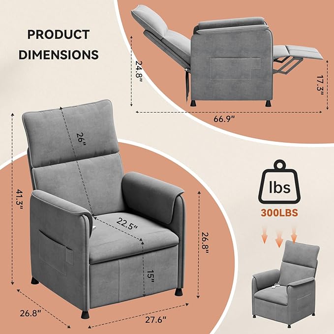 Recliner ChairElectric Adjustable Chenille Recliner with Remote Control and Padded BackrestHome Theater Recliner Single Sofa Seat with Thick Seat Cushion for Living Room Bedroom (Grey)