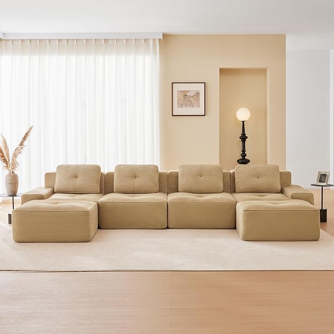 Boneless Couch Modular Sectional Sofa 153 Modern Cloud Couch with Deep Seat Comfy Corduroy U Shaped Sectional Couches for Living Room 4 Seater Tufted Floor Sofa with Movable Ottoman Camel