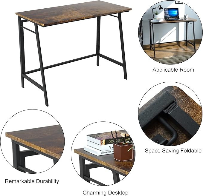 ASTARTH Folding Desk-40 Inch Writing Computer Desk Space Saving Foldable Table Modern Simple Style PC Table Black Metal Frame-Home Office Desk No Assembly Required Rustic Brown