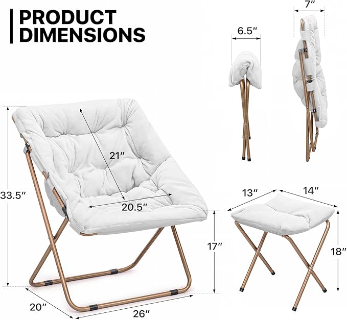 MoNiBloom Square Folding Faux Fur Saucer Chair for Bedroom Living Room Dorm Foldable Metal Frame Oversized Large Comfy Furry Padded Soft Cozy Moon Chair with Footrest Ottoman for Adults (White 2 Set)