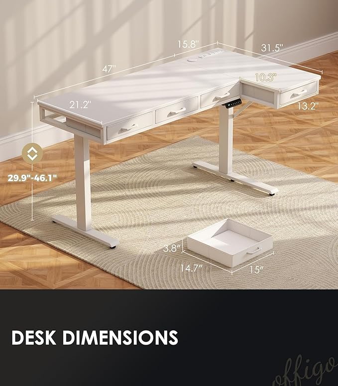 OffiGo 63 Inch L Shaped Electric Standing Desk with Drawers Height Adjustable Large Desk with Power Outlets Sit Stand Table Writing Computer Desk for Home Office WorkstationWhite