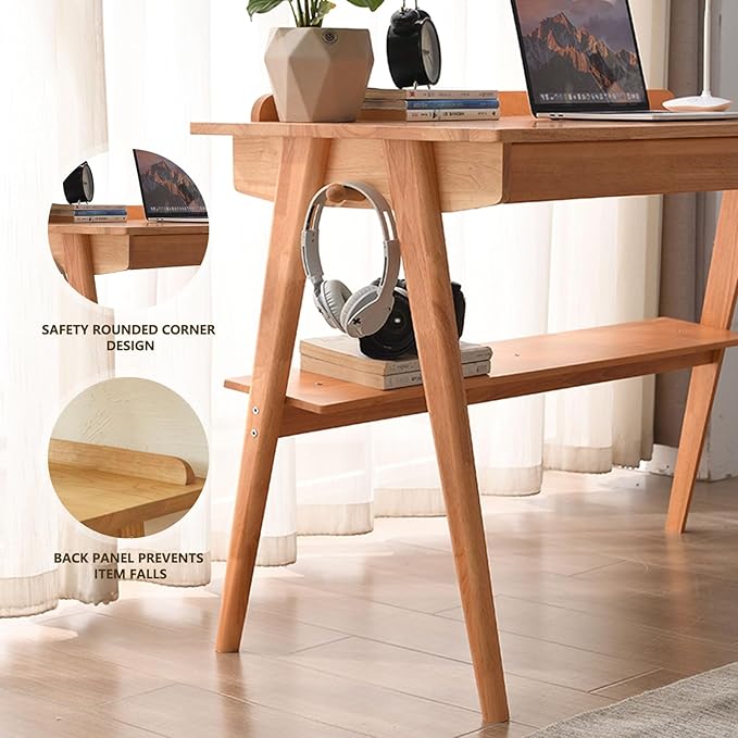 Solid Wood Desk Mid Century Modern Desks Home Office Desks with Drawers Small Desk for Bedroom