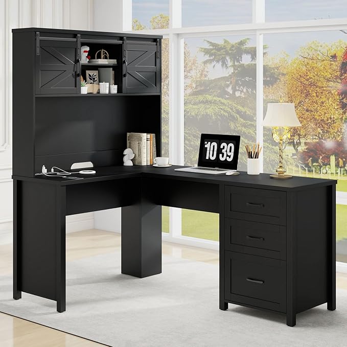 Vabches Farmhouse 68 H L Shaped Desk with HutchOffice Table with 3 Drawers and Sliding Doors Executive Desk with File Drawers and Charging Station Wood Workstation for Home Office and Study