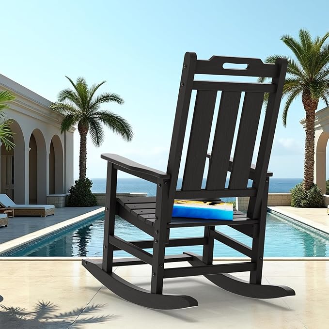 Rocking Chair Outdoor Rocking Chair for Adults HDPE Outdoor Chairs with Footboard All Weather Resistant Porch Rocker Black