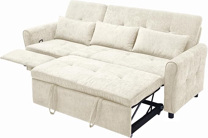 Merax 2-in-1 Convertible Sofa Bed &amp Recliner Sofa 82 3-Seater Sofa Pull-Out Sleeper Sofa 3 Level Adjustable Backrest Reversible Left/Right with USB Charging Ports Easy to Assemble (Beige)