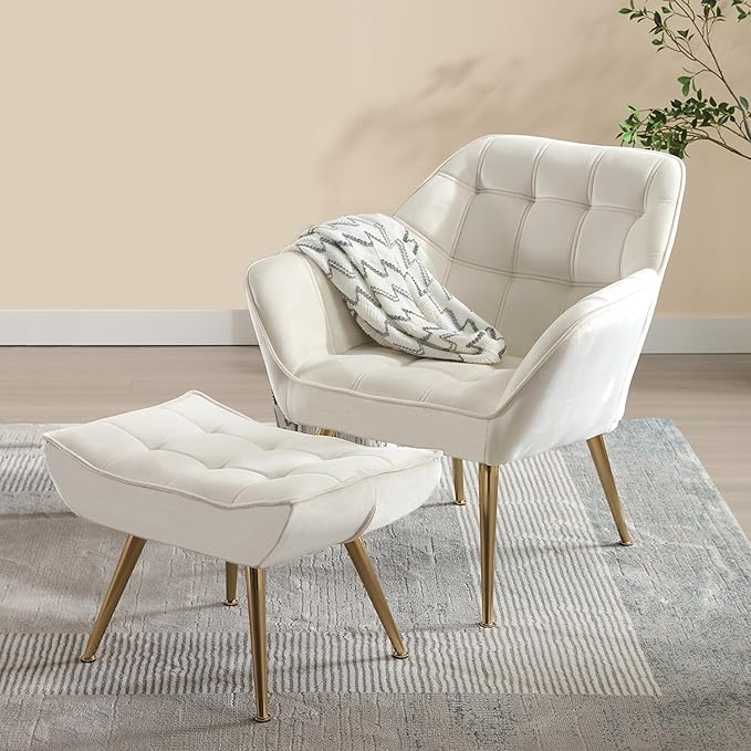 Velvet Accent Chair with Ottoman Modern Upholstered Reading Chair with Ottoman Comfy Lounge Armchair with Gold Metal Legs for Small Spaces Living Room Bedroom Book Nook Off White