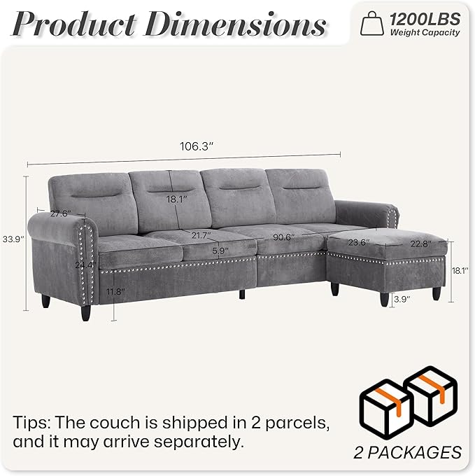 ABET 106 Inch Modular L-Shaped Sectional Couch with Ottoman 4 Deep Seat Convertible Sofa with Ottoman Nailhead Decor Comfy Upholstered Large Cushion for Living Room Bedroom Apartment Grey