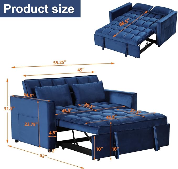 EBELLO 3 in 1 Convertible Sleeper Sofa Bed Modern Velvet Loveseat Couch Pullout Bed for Living Room Small Love Seat Lounge Sofa with Reclining Backrest Pillows and Side Storage Pocket Blue