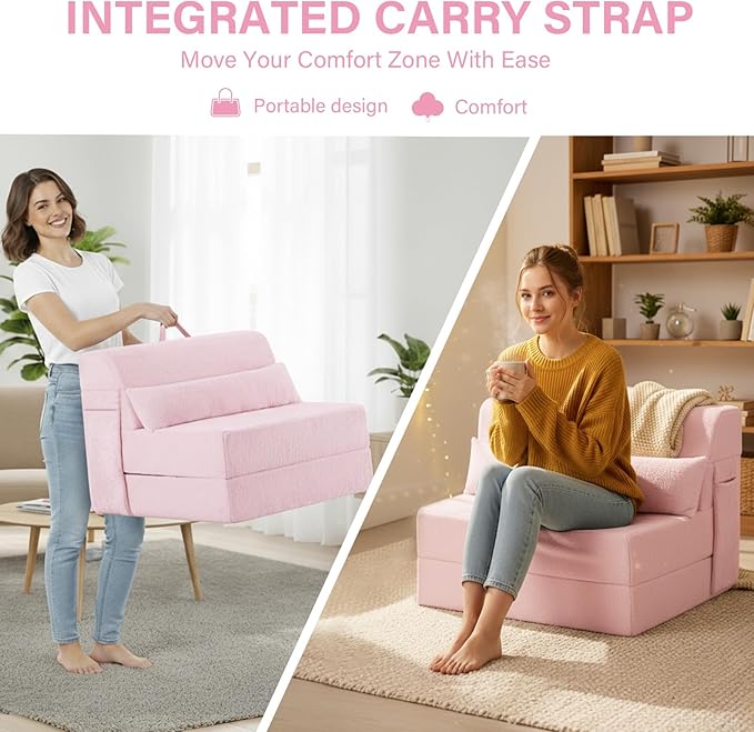Tiita Convertible Folding Sofa Bed Twin Size for Adults with Pillow Plush Fabric Floor Mattress Couch Bed Washable Cover &amp Side Pocket Guest Room Dorm Apartment Living Room Pink