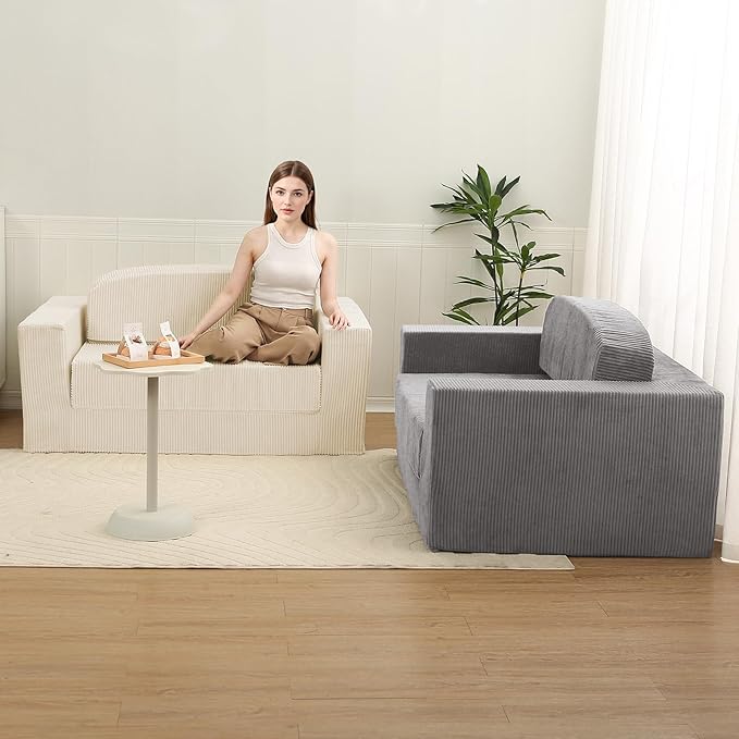 MeMoreCool Convertible Sofa Bed – Small Beige Corduroy Loveseat Sleeper Boneless Fold-Out Cloud Couch with Foam Trifold Floor Futon with Washable Cover for Bedroom Apartment Guest Room