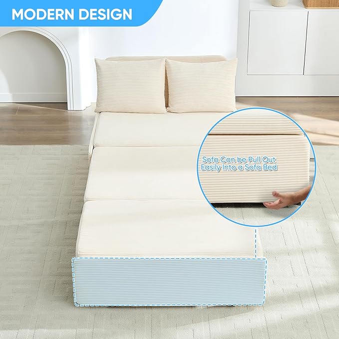 Mjkone 43 Width Sofa Bed Chair Twin Size with Pull Out Couch Beds 2-in-1 Modern Corduroy Living Room Pull Out Sleeper Sofa Chair Bed with Cushions and Throw Pillows for Apartment Home Office Beige
