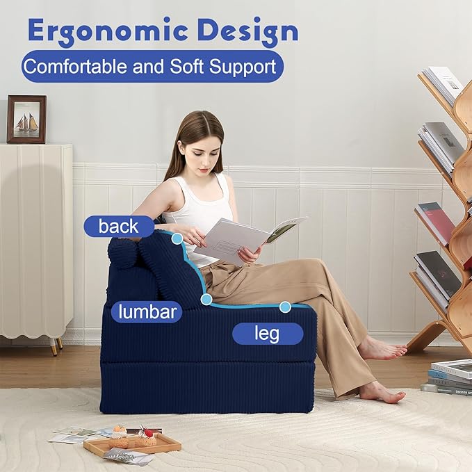 MeMoreCool Folding Sofa Bed Single – Convertible Sleeper Chair with Pillow Navy | Foldable Mattress Back Support Portable Fold Out Chair Bed Comfy Floor Sofa Lounge for Living Room Bedroom