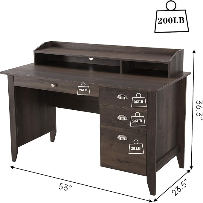 Festival Depot 53 Home Office Desk Writing Computer Desk Vintage Wood Style Laptop Table with Hutch and Sliding Track Drawers for Study Bedroom Workstation
