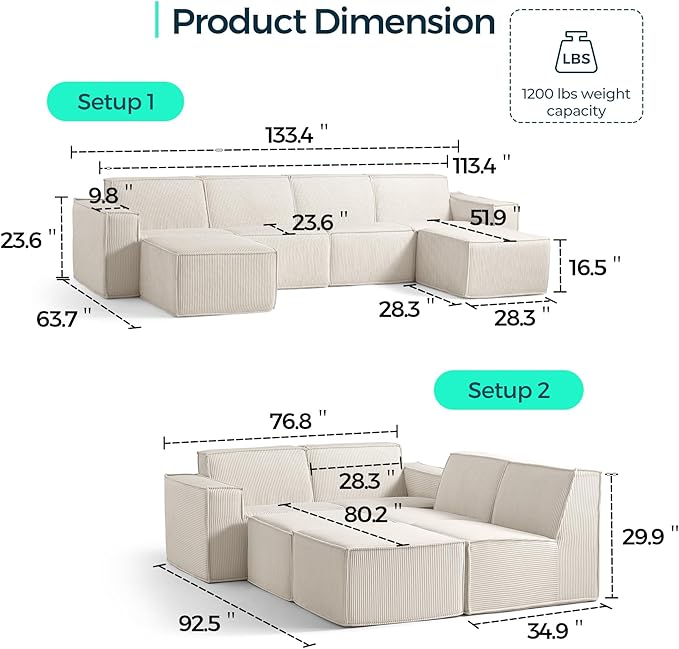 LINSY HOME Modular Sectional Sofa 134 Boneless Couch U Shaped 4-Seat Sofa with 2 Movable Ottomans Corduroy Sectional Cloud Couches for Living Room No Assembly Required Beige