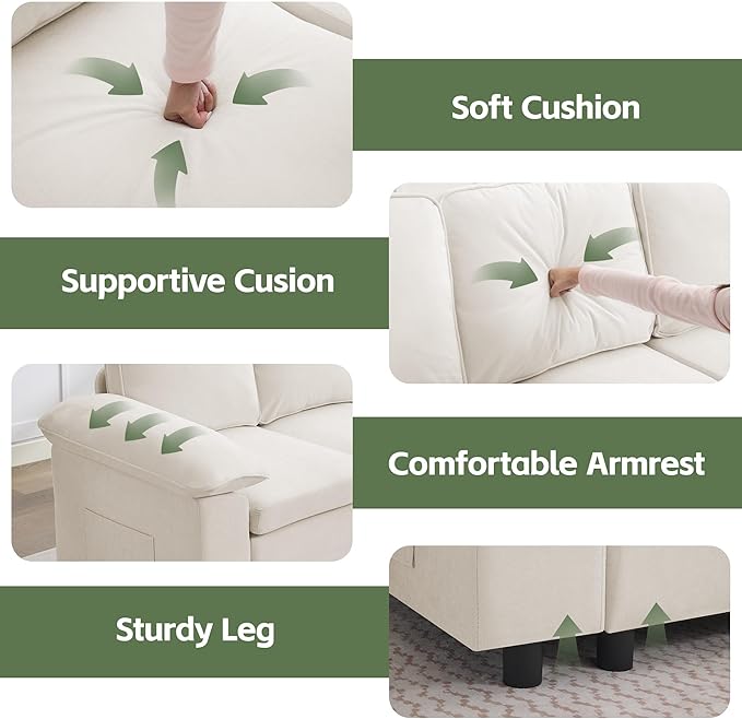 60 Modular Sectional Loveseat Couch with Pull Out Bed Modern 2 Seater Sleeper Convertible Sofa Bed Chenille Sectional Love seat Couches for Living Room Bedroom Office Small ApartmentBeige