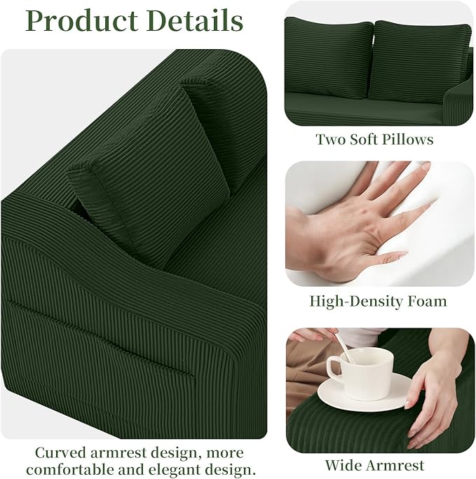 MeMoreCool Convertible Sofa Bed Pull Out Loveseat Sofa Sleeper Couch for Bedroom Living Room Lounge 2 in 1 Small Couch Bed with Pillow Foldable Love Seat Futon Corduroy Green