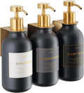 Shower Shampoo Dispenser Wall Mounted – 3 Refillable 16.9 oz Black Bottles with Stainless Steel Pumps &amp No-Drill Adhesive Holders – Soap Dispenser Set for Bathroom (3 X Black/Gold)