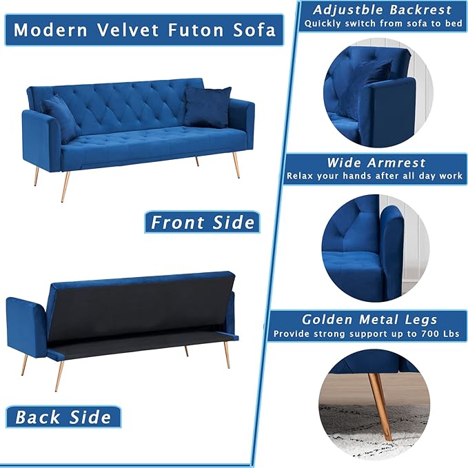 KINFFICT Velvet Futon Sofa Bed with 2 Pillows Convertible Sleeper Sofa Couch with 3 Angle Adjustable Backrest Modern Loveseat with 4 Golden Metal Legs for Living Room and Bedroom