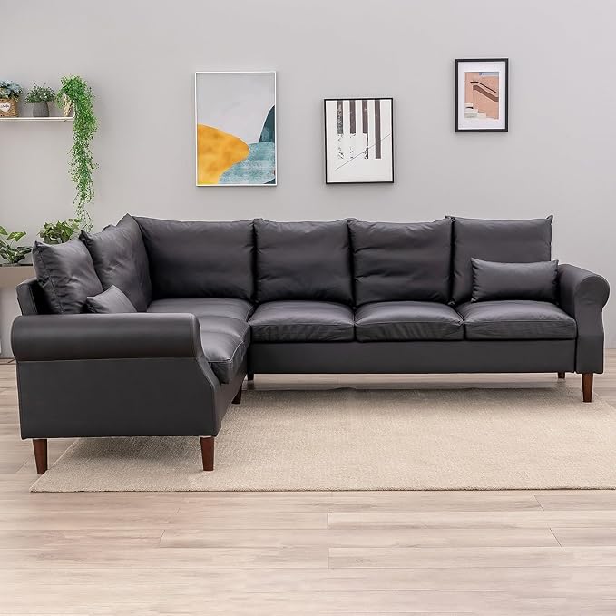 Panana 6 Seater L Shape Corner Upholstered Sofa Couch Artificial Leather L Shaped Corner Sectional Loveseat Ottoman Modern Living Room Sofa (Black Faux Leather 6 Seater L Shape Corner Sofa)