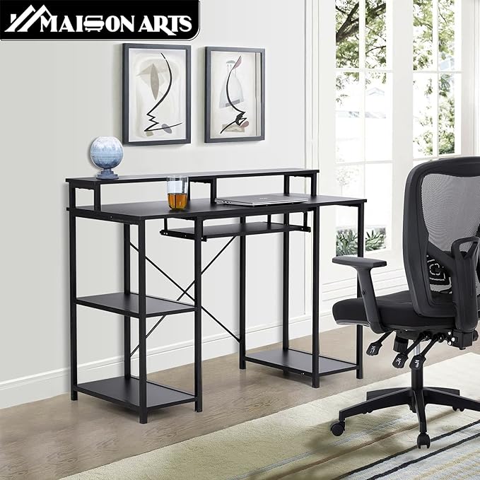 MAISON ARTS Black Computer Desk with Hutch Storage Shelves &amp Keyboard Tray Home Office Writting Large Desk Study Modern PC Table for Bedroom Work Gaming